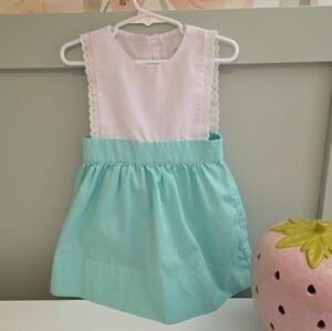 Smockingbird 2 Years Or 2t Aqua and White Kids Apron Smocked Vintage Like Dress